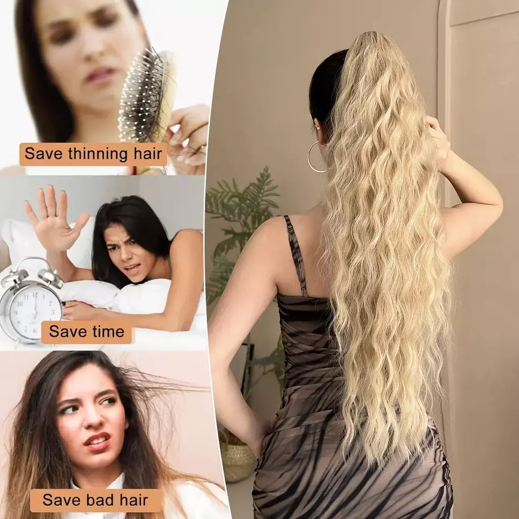Aoosoo sintético água rabo de cavalo extensão do cabelo clipe no rabo de cavalo da mulher acessórios para o cabelo longo encaracolado peruca natural encaracolado preto
