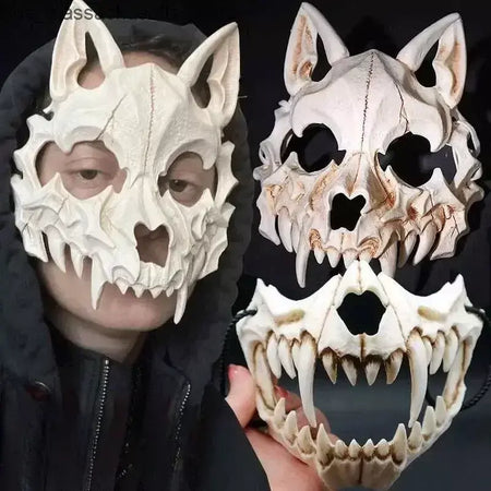Festa crânio máscara dentes longos demônio esqueleto meia máscara facial lobo dragão tigre houjuu nue máscara cosplay traje de halloween adereços