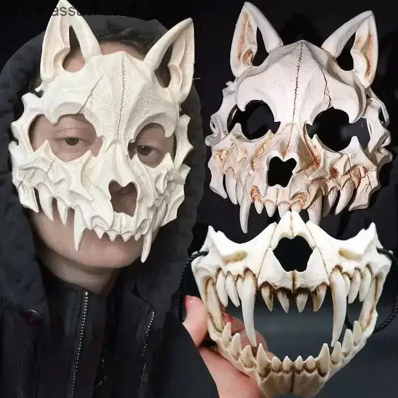 Festa crânio máscara dentes longos demônio esqueleto meia máscara facial lobo dragão tigre houjuu nue máscara cosplay traje de halloween adereços