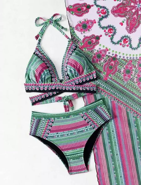 Conjunto de maiô biquíni vintage de três peças, malha Cover Ups, Cross Front Halter, azul, verde, vermelho, cintura alta Beachwear