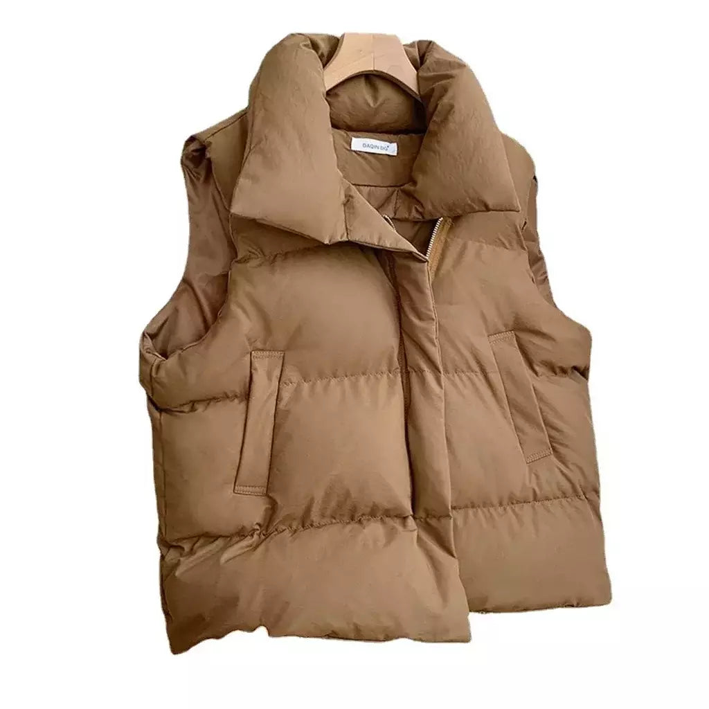 Jaqueta casual grossa solta feminina, casaco com gola simulada, zíper para cima, colete quente sólido, jaqueta puffer, outono, inverno, 2023