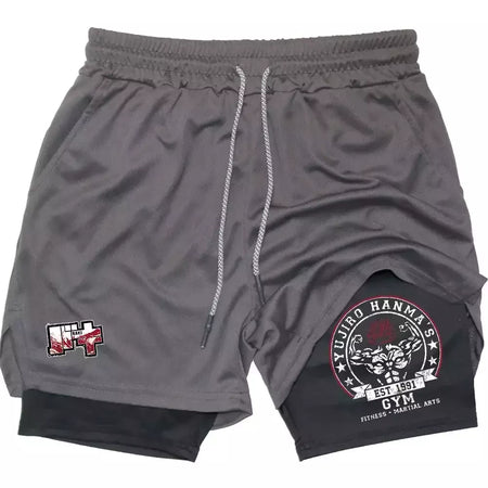 Masculino Anime 2 em 1 Calções Esportivos, Calções de Compressão Atlético Calças de Treino Fitness Running Sportwear, Desempenho Ginásio
