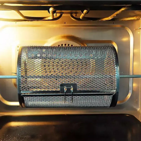 Forno de aço inoxidável rotativo redondo grill gaiola nozes grãos café cesta cozimento para churrasco fritadeira ar rotisserie acessórios