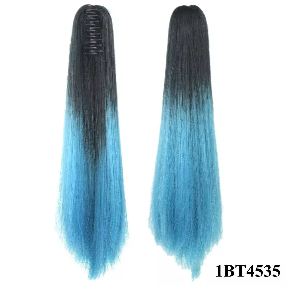 Longo reto sintético rosa ombre extensão do cabelo peruca garra rabo de cavalo pônei fada cauda falso peças de cabelo clipe na peruca