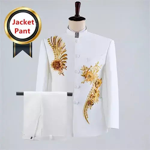 (Jaqueta + calça) moda masculina palco desempenho vestido ternos 2025 novo masculino estilo chinês levante-se colarinho decalque blazer e calças
