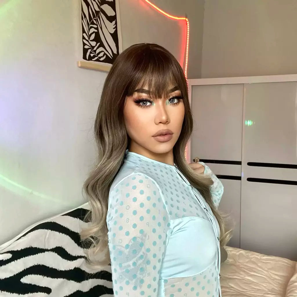 Louis ferre longo ombre loira perucas sintéticas com franja para mulheres onda natural penteado fibra resistente ao calor cosplay perucas marrons