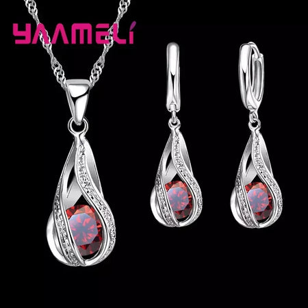 Gota de água quente cz 925 prata esterlina banhado conjunto de jóias para mulheres pingente colar brincos de argola festa de casamento ketey anel