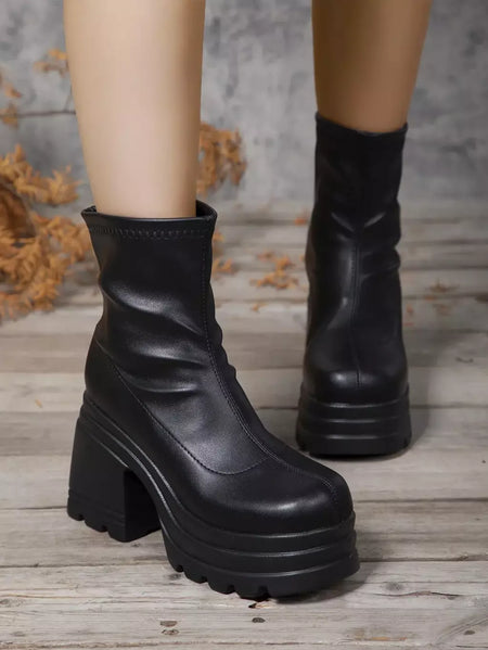 Mulheres nova moda botas curtas mulheres sexy bota de couro dedo do pé quadrado casual zíper salto alto casual sola grossa sapatos femininos zapatos