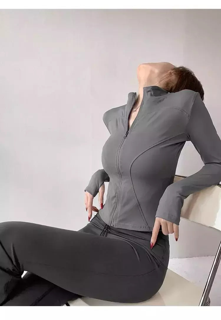 Casaco esportivo de secagem rápida para mulheres, tops apertados, manga comprida, zíper, jaqueta de ioga, corrida e fitness, proteção solar, S-3XL, 2024