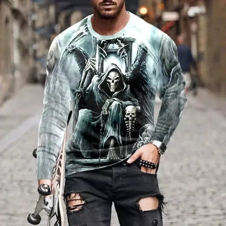 Crânio masculino gráfico t-shirts manga longa esqueleto impressão 3d rua homem t camisa outono o-pescoço casual y2k topo roupas masculinas de grandes dimensões