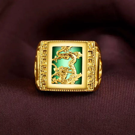 Anel do zodíaco do dragão masculino em ouro 24K AU999 - Dragão polido + contraste do zodíaco fosco, nuvens cinzeladas-flamas, negociação aura completa