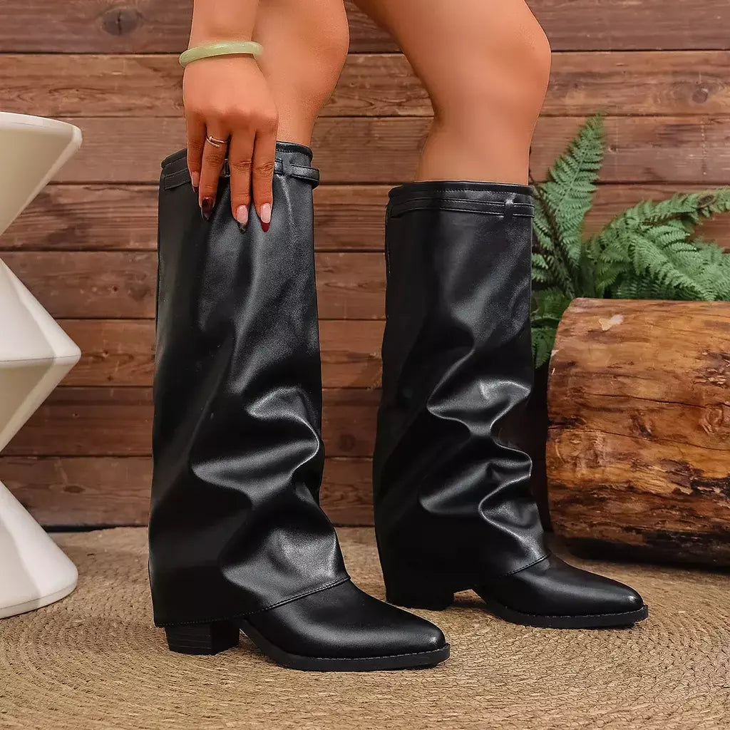 Moda plissada bota de salto alto outono novo tamanho grande estilo britânico calças de tubo alto bota feminina transfronteiriça lindamente