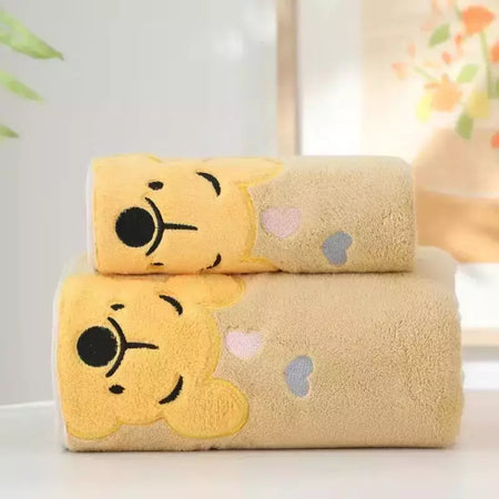 Winnie Bear Bath Towel Set para Crianças, Macio e Absorvente, Coral Velvet, Home Wash, Desenhos animados
