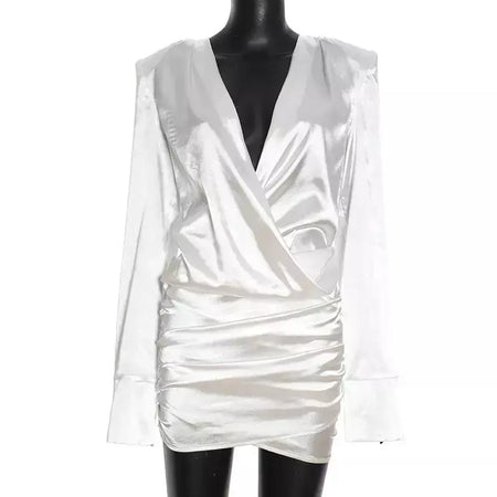 Nsauye curto noite elegante festa mini envoltório manga longa vestido feminino nova moda cetim 2025 inverno sexy night club vestido branco