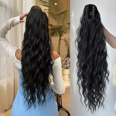 Aoosoo sintético água rabo de cavalo extensão do cabelo clipe no rabo de cavalo da mulher acessórios para o cabelo longo encaracolado peruca natural encaracolado preto