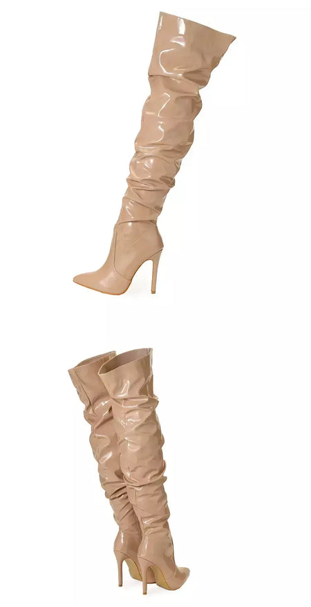 Eilyken-Patent Leather Apontado Toe Salto Alto para Mulheres, Botas Vermelhas Sobre o Joelho, Sapatos de Zíper Lateral, Stiletto Sólido, Calçado Feminino