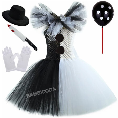 O traje de palhaço terrível arte menina preto branco fantasia tutu vestido horror coringa vestido para meninas trajes de festa de carnaval de halloween