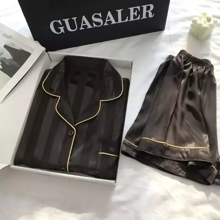 Pijama feminino de seda gelo, manga curta, calça curta, seda de simulação, roupa doméstica, cor sólida, listrado, estudante, conjunto 2 peças, S, L