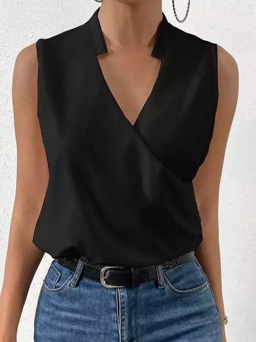 Camisa Feminina Elegante Monocromática Casual, Primavera, Verão, Senhora do Escritório, Sem Mangas, Blusa com Decote V, Top Clothing Feminina, S-3XL