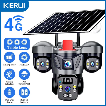 Kerui v380 pro ao ar livre ptz 6mp wifi 4g câmera solar de segurança em casa lente tripla câmera painel solar cctv vigilância vídeo
