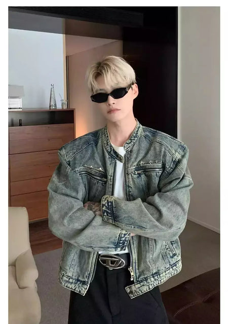 Jaqueta jeans de rua masculina, vintage lavada, jaqueta de caubói angustiada, streetwear casual, primavera, novo, estilo americano, zíperes