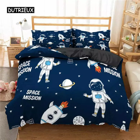 Conjunto de cama para meninos da aviação dos desenhos animados, astronauta Duvet Cover, Blue Sky Dream Quilt Cover, gêmeo, único, tamanhos duplos, fronha