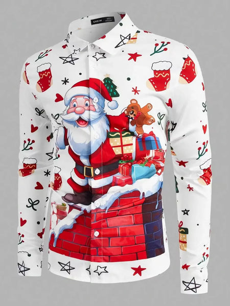 2024 novo estilo de natal papai noel camisa gráfica para homens casual vintage impressão 3d manga longa roupas feriados festa y2k topos