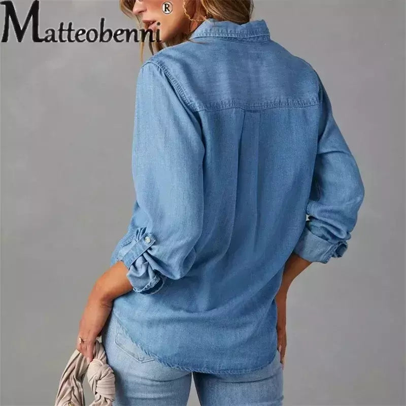 Camisa jeans fina de peito único feminina, bolso de emenda, manga longa, tops de lapela, confortável, blusa casual para mulheres, outono