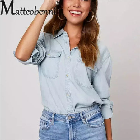 Camisa jeans fina de peito único feminina, bolso de emenda, manga longa, tops de lapela, confortável, blusa casual para mulheres, outono
