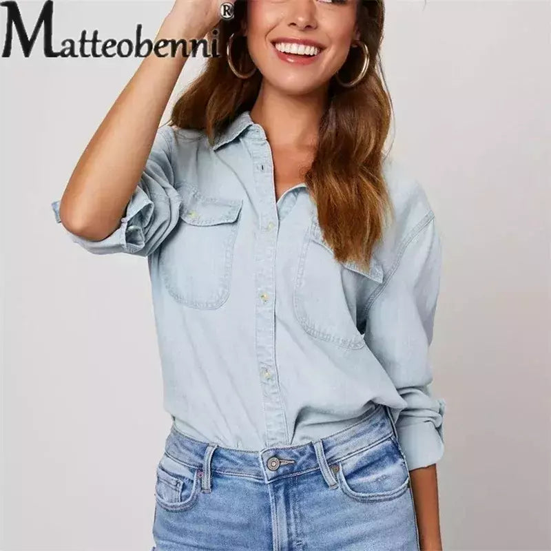 Camisa jeans fina de peito único feminina, bolso de emenda, manga longa, tops de lapela, confortável, blusa casual para mulheres, outono