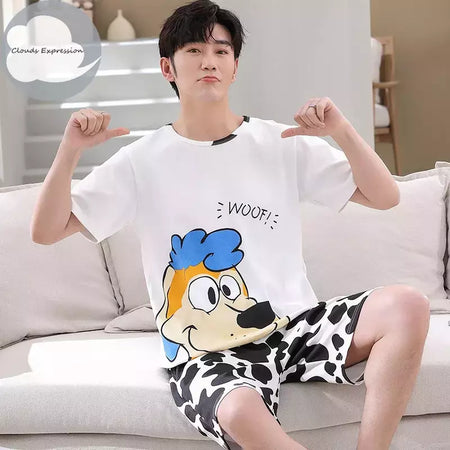 Desenhos animados pato impressão pijama conjuntos para jovens amantes, pijamas de algodão, ternos curtos para casais, moda homewear, verão, 4XL