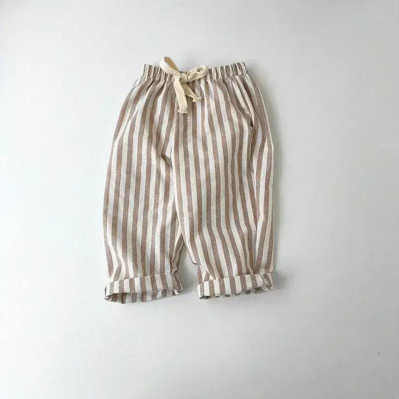 Primavera verão meninos listrado calças soltas bebê menina vintage casual linho algodão harlan calças crianças rendas-up calça crianças roupas