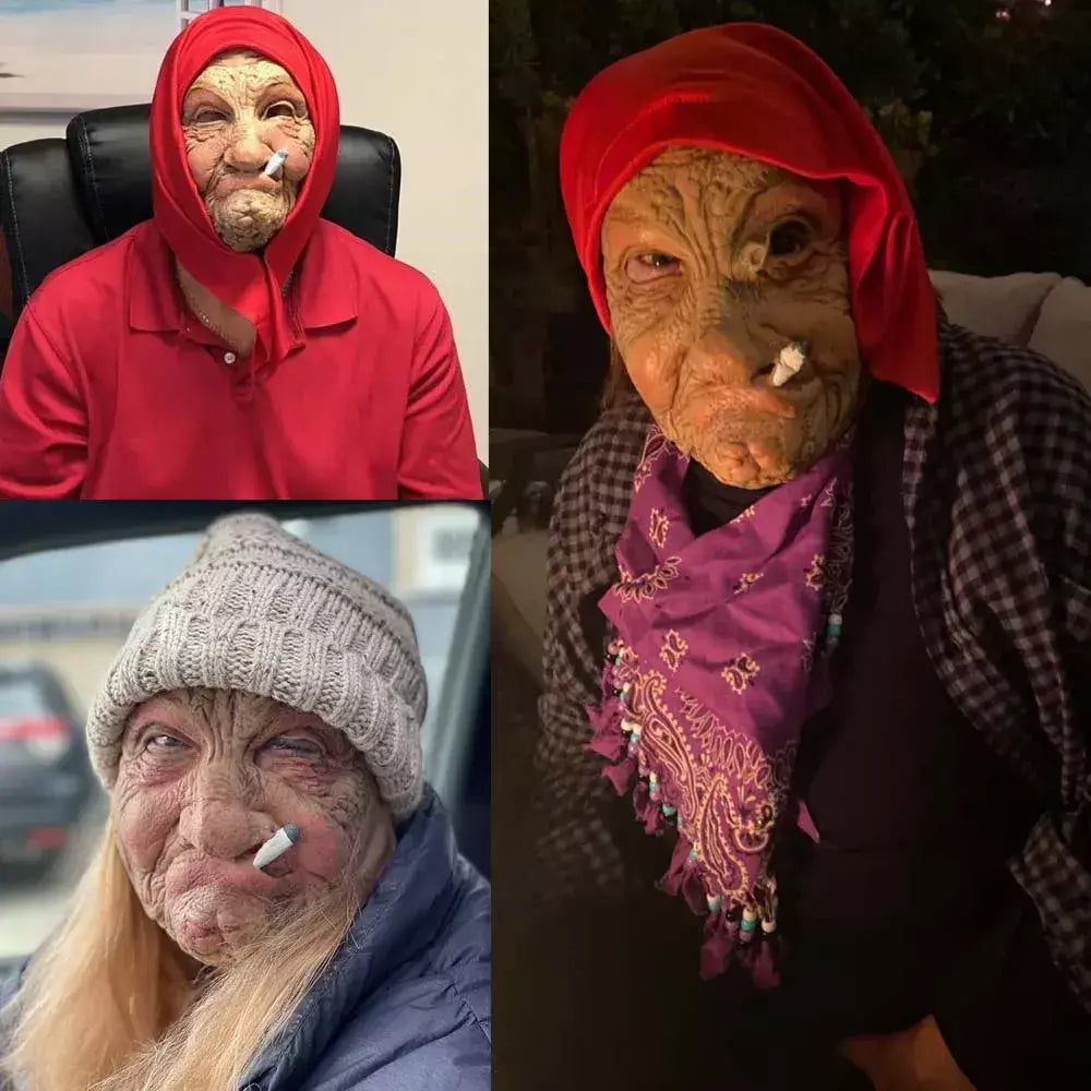 Engraçado fumar vovó velho nana máscara de látex senhora avó com rosto enrugado e lenço vermelho máscaras festa de halloween traje adereços