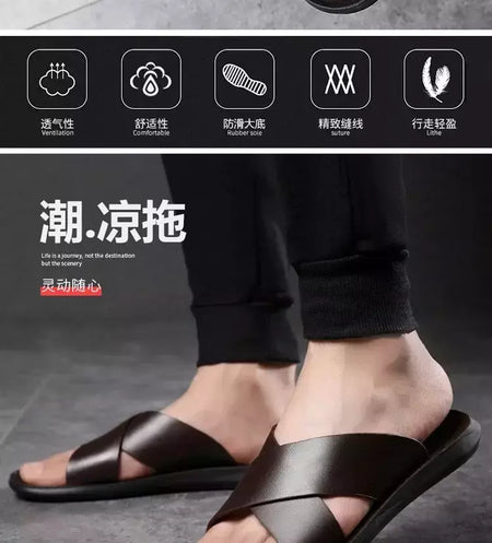Sandálias para homens chinelos de couro genuíno marca de luxo moda masculina apartamentos casuais antiderrapantes praia sandalia zapatos hombre 2024