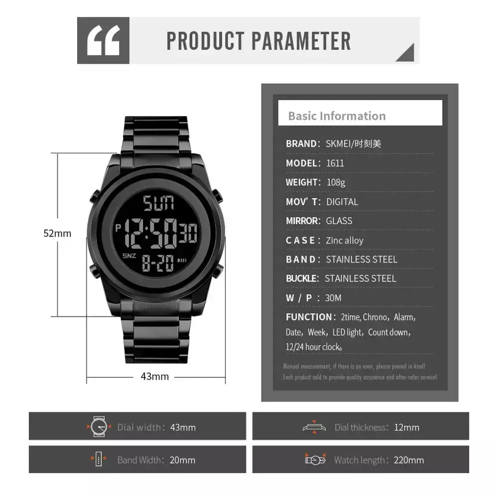 Skmei relógio de pulso masculino luxuoso, à prova d'água, aço inoxidável, eletrônico, esportivo, digital, 1611