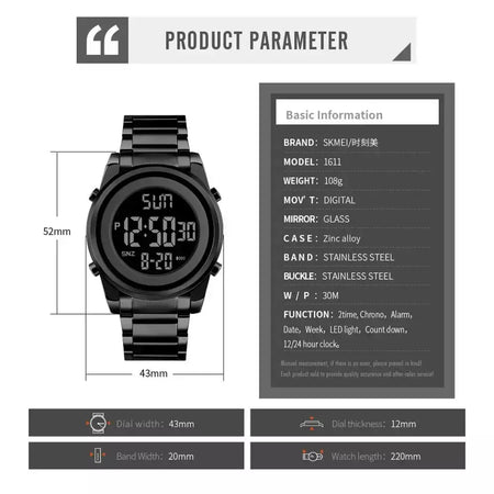 Skmei relógio de pulso masculino luxuoso, à prova d'água, aço inoxidável, eletrônico, esportivo, digital, 1611