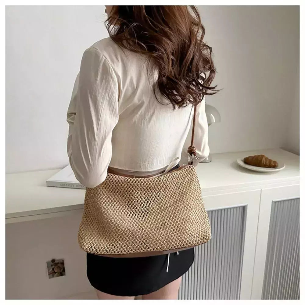 Saco de palha tecido Rattan para senhoras, sacola de grande capacidade, bolsa trançada artesanal, bolsa de ombro, moda