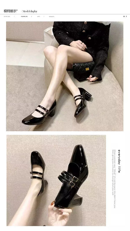 Sapatos Mary Janes de fivela dupla feminina, couro envernizado, cabeça quadrada, salto quadrado, cor sólida, primavera, outono, 2022