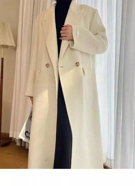 Casaco de alpaca de lã feminino, jaquetas de lã, trespassado duplo, gola de terno, solto, Casacos longos, senhora do escritório, outono, inverno, 2022