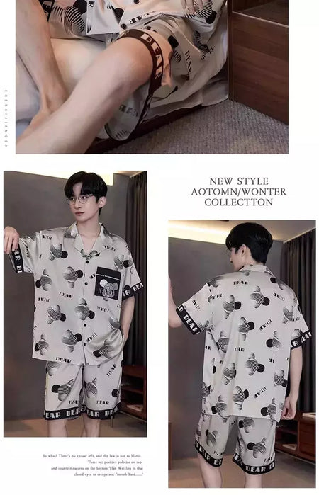 Pijama de seda gelo de duas peças masculino, shorts de manga curta, seção fina, estudante, terno homewear adolescente, verão, novo