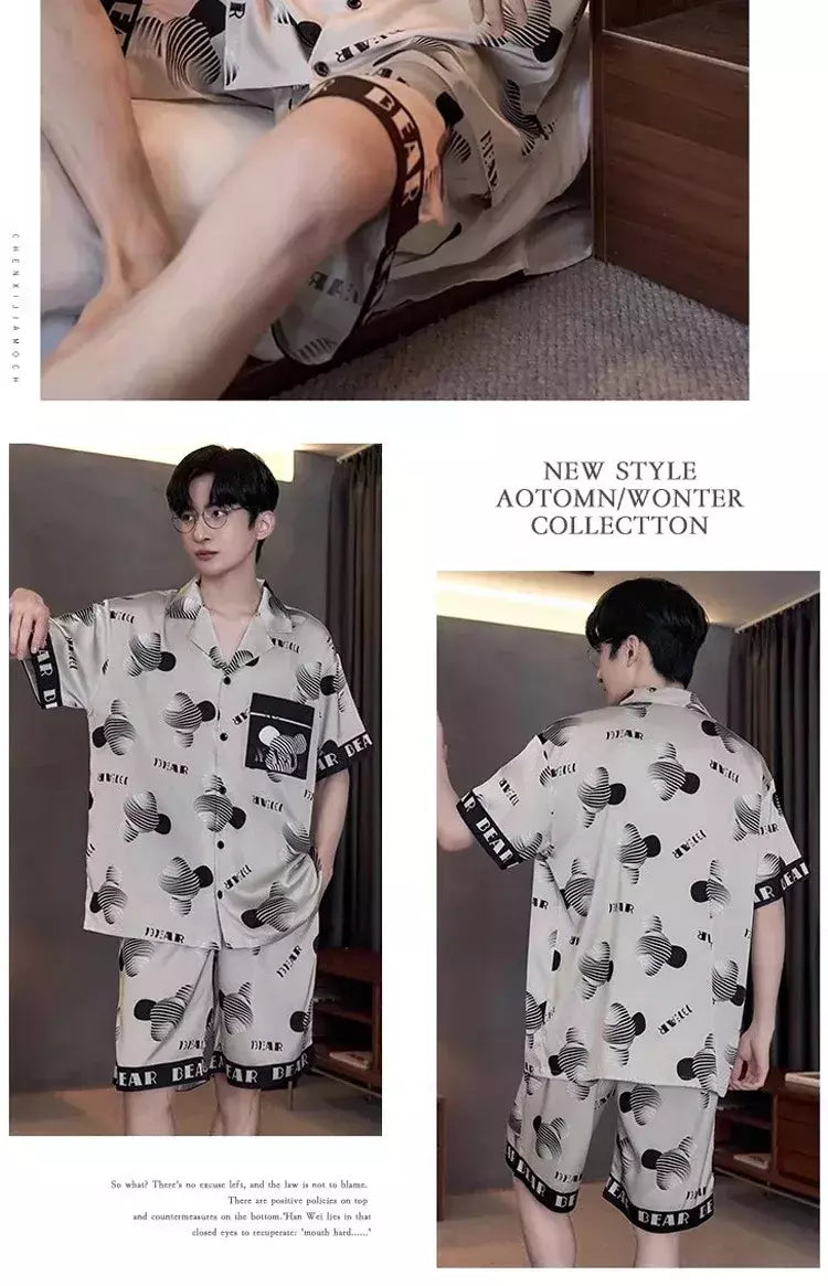 Pijama de seda gelo de duas peças masculino, shorts de manga curta, seção fina, estudante, terno homewear adolescente, verão, novo