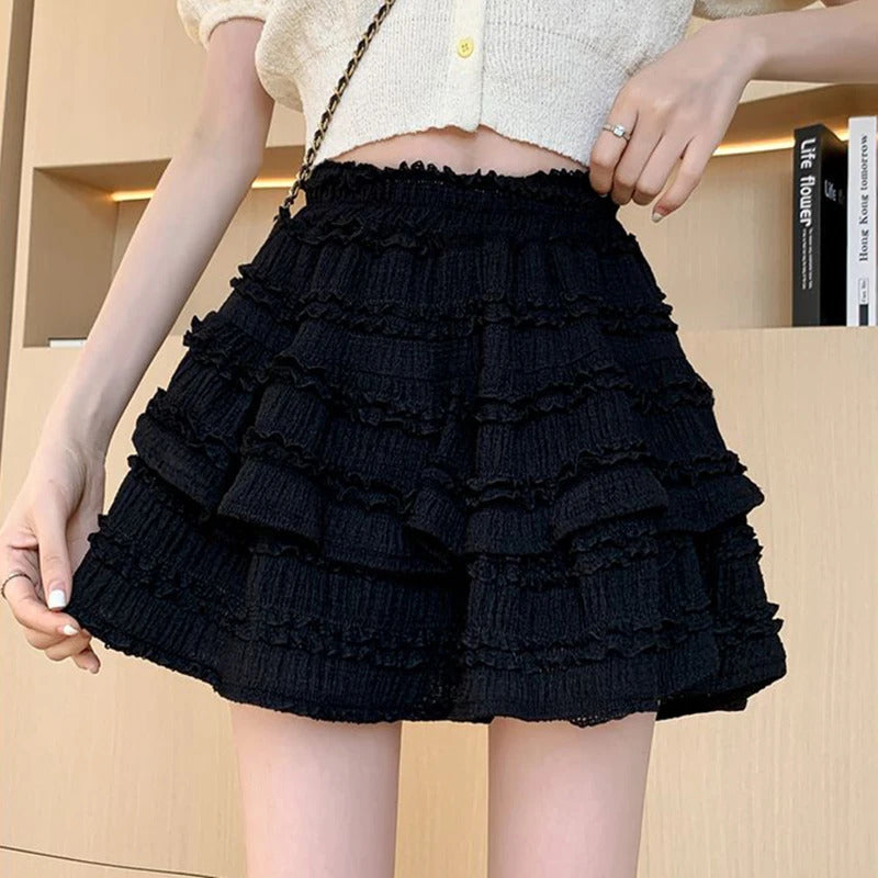 Gidyq-Mini saia de renda fofa para mulheres, babados brancos kawaii, saias plissadas, cintura alta coreana, casual preta, linha A, verão
