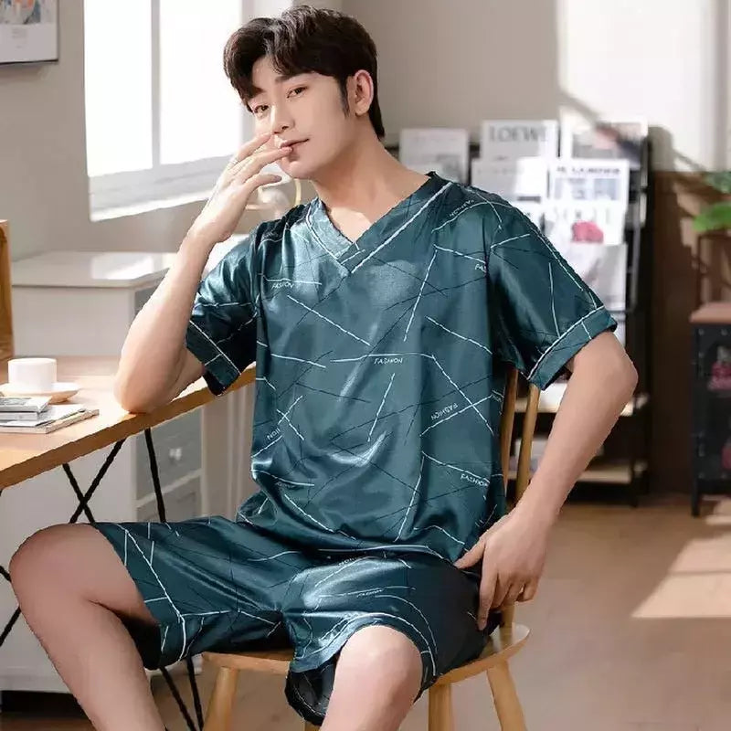 Conjunto de pijama de seda gelo manga curta masculino, pijama casual fino de simulação, tamanho grande, roupa para casa, verão, 2 peças