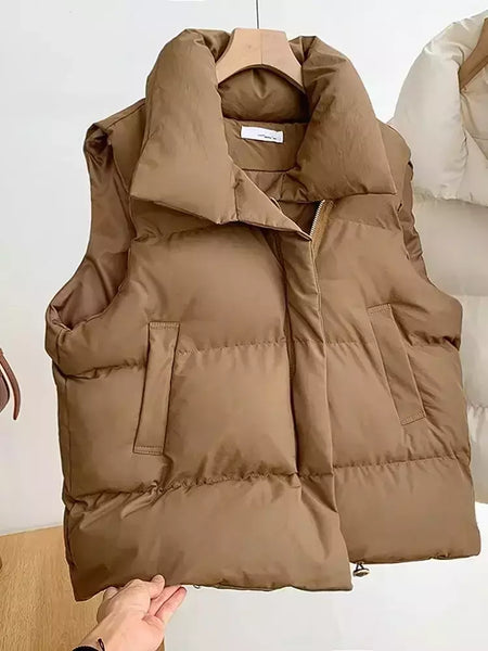 Jaqueta casual grossa solta feminina, casaco com gola simulada, zíper para cima, colete quente sólido, jaqueta puffer, outono, inverno, 2023