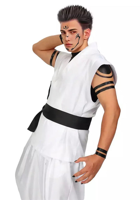 Dazcos ryomen sukuna traje branco kung fu terno com adesivos de tatuagem ryomen sukuna como megumi showdown cosplay traje conjunto completo