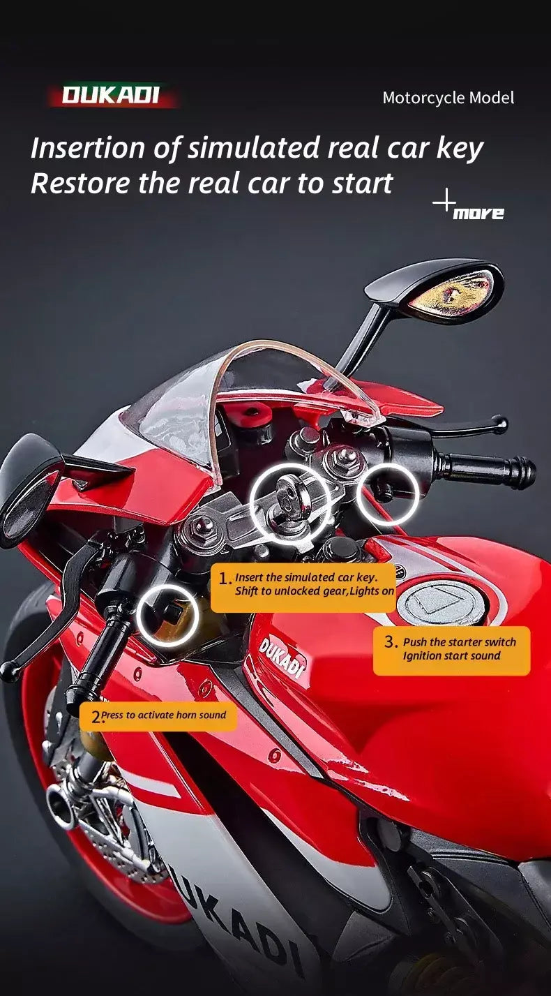 Chave começo 1:9 1199 panigale liga esportes modelo de motocicleta diecast pista corrida modelo de motocicleta com spray som luz crianças brinquedos