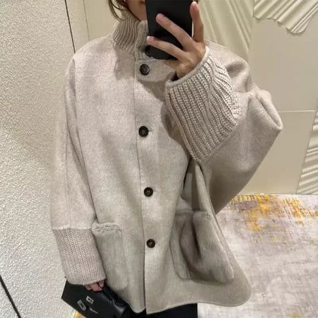 Gola de pele emendada longa pele de lã casaco feminino moda casual manga comprida lapela solta quente curto jaqueta senhora diariamente streetwear