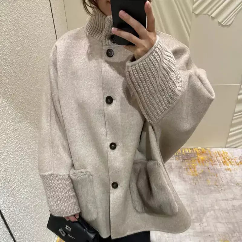 Gola de pele emendada longa pele de lã casaco feminino moda casual manga comprida lapela solta quente curto jaqueta senhora diariamente streetwear