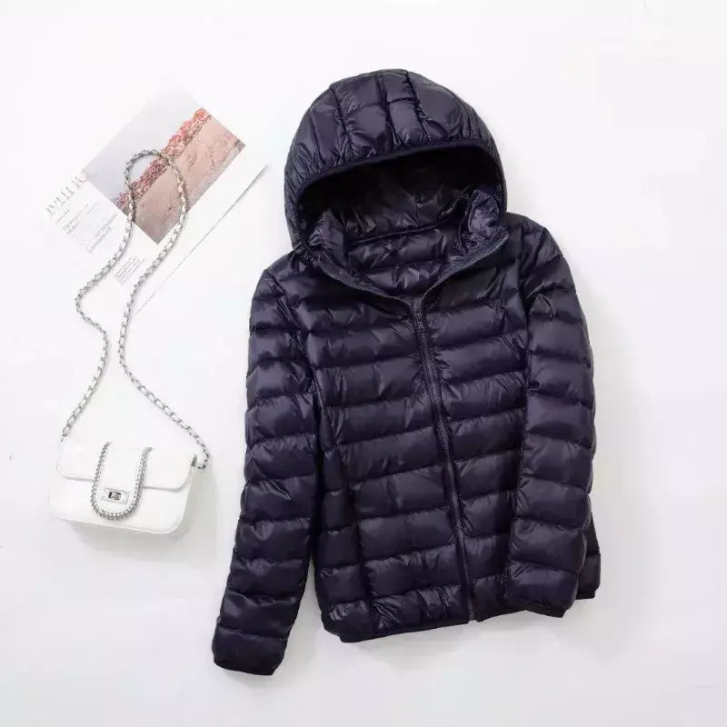 Casaco fino leve com capuz de pato para mulheres, casaco curto fino, streetwear quente, branco, plus size, casacos, outono, inverno, 2023