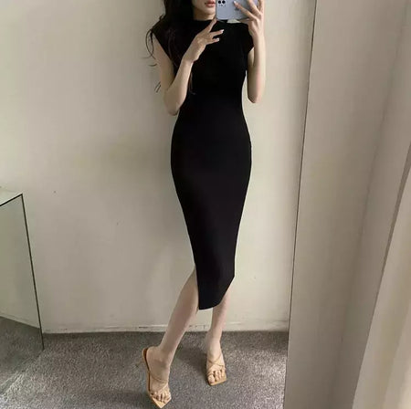 Verão novo sexy atrevido puro desejo estético fora do ombro vestido longo para as mulheres na moda fenda lateral hip cobrindo vestido